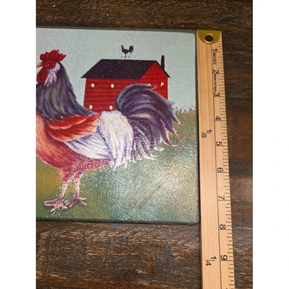 Vintage Farmhouse Rooster Glass Cutting Board Trivet Red Barn Country Kitchen